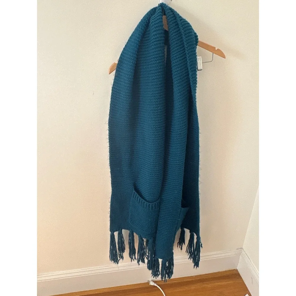Pilcro and the Letterpress Teal Blue Chunky Knit Pocket Scarf with Tassels 76in